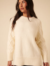 White Crew Neck Cable Oversized Jumper