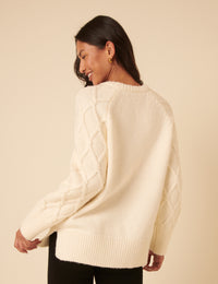 White Crew Neck Cable Oversized Jumper