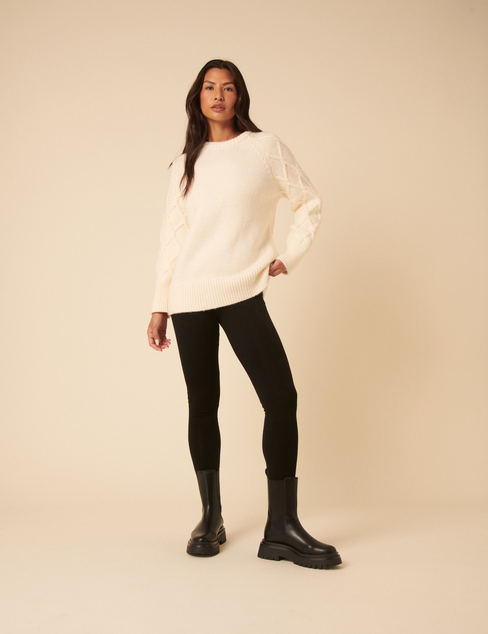 White Crew Neck Cable Oversized Jumper