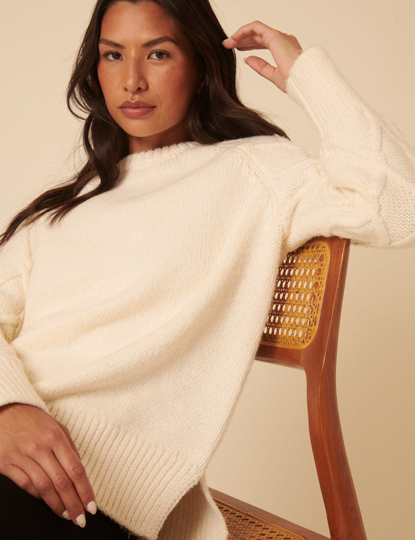White Crew Neck Cable Oversized Jumper
