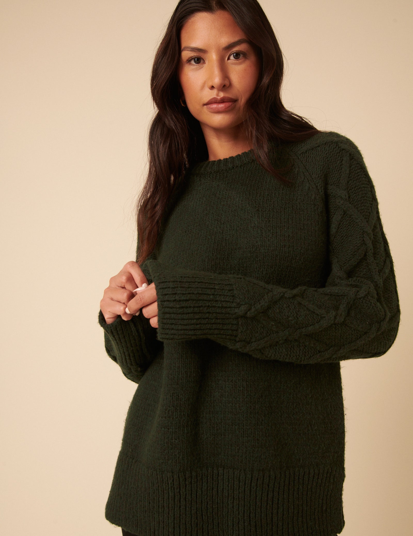 Forest Green Crew Neck Cable Oversized Jumper