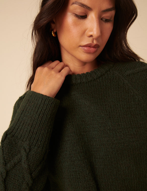 Forest Green Crew Neck Cable Oversized Jumper