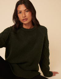 Forest Green Crew Neck Cable Oversized Jumper