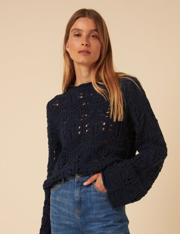 Navy Blue Chunky Pointelle Jumper