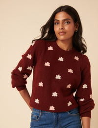 Burgundy Flower Embroidered Jumper