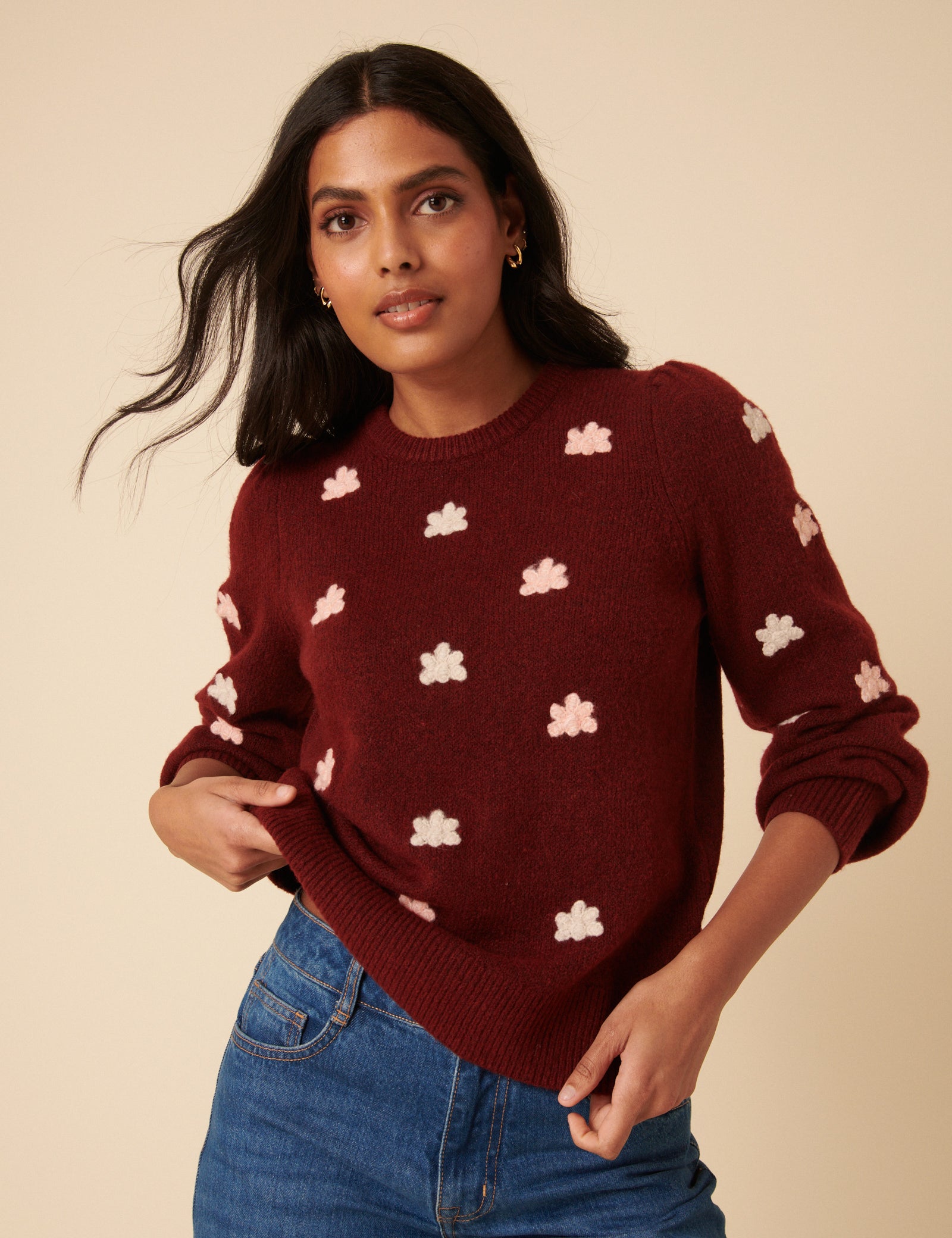 Burgundy Flower Embroidered Jumper