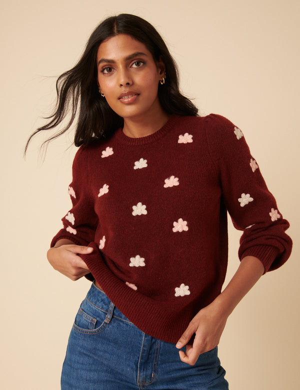 Burgundy Flower Embroidered Jumper