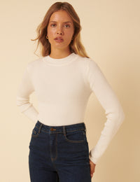 White High Neck Ribbed Knitted Top