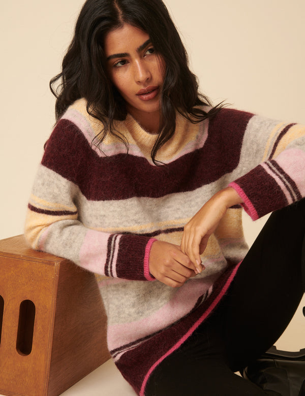 Fluffy Striped Alpaca and Wool Blend Oversized Jumper