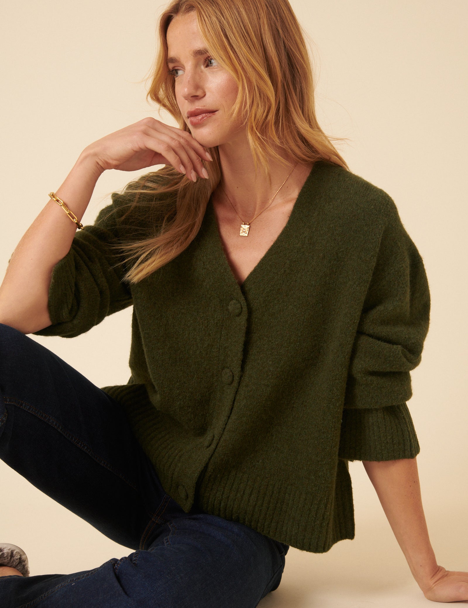 Khaki V-Neck Relaxed Fit Cardigan