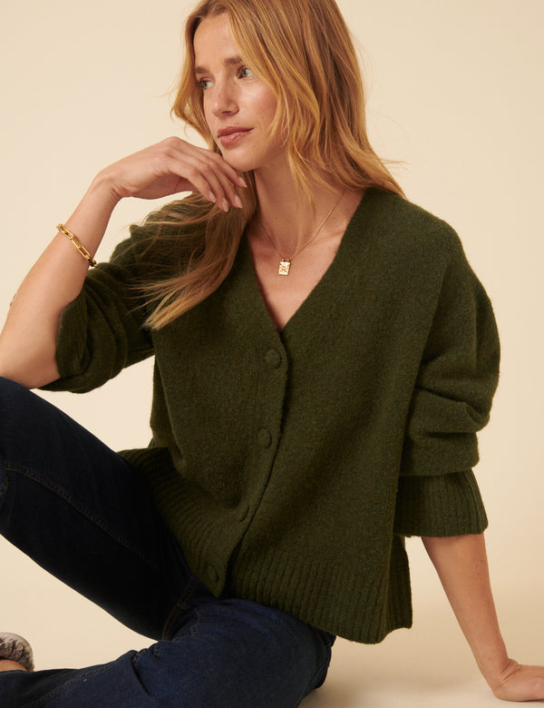 Khaki V-Neck Relaxed Fit Cardigan