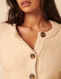 Beige Crew Neck Cable Detail Cardigan