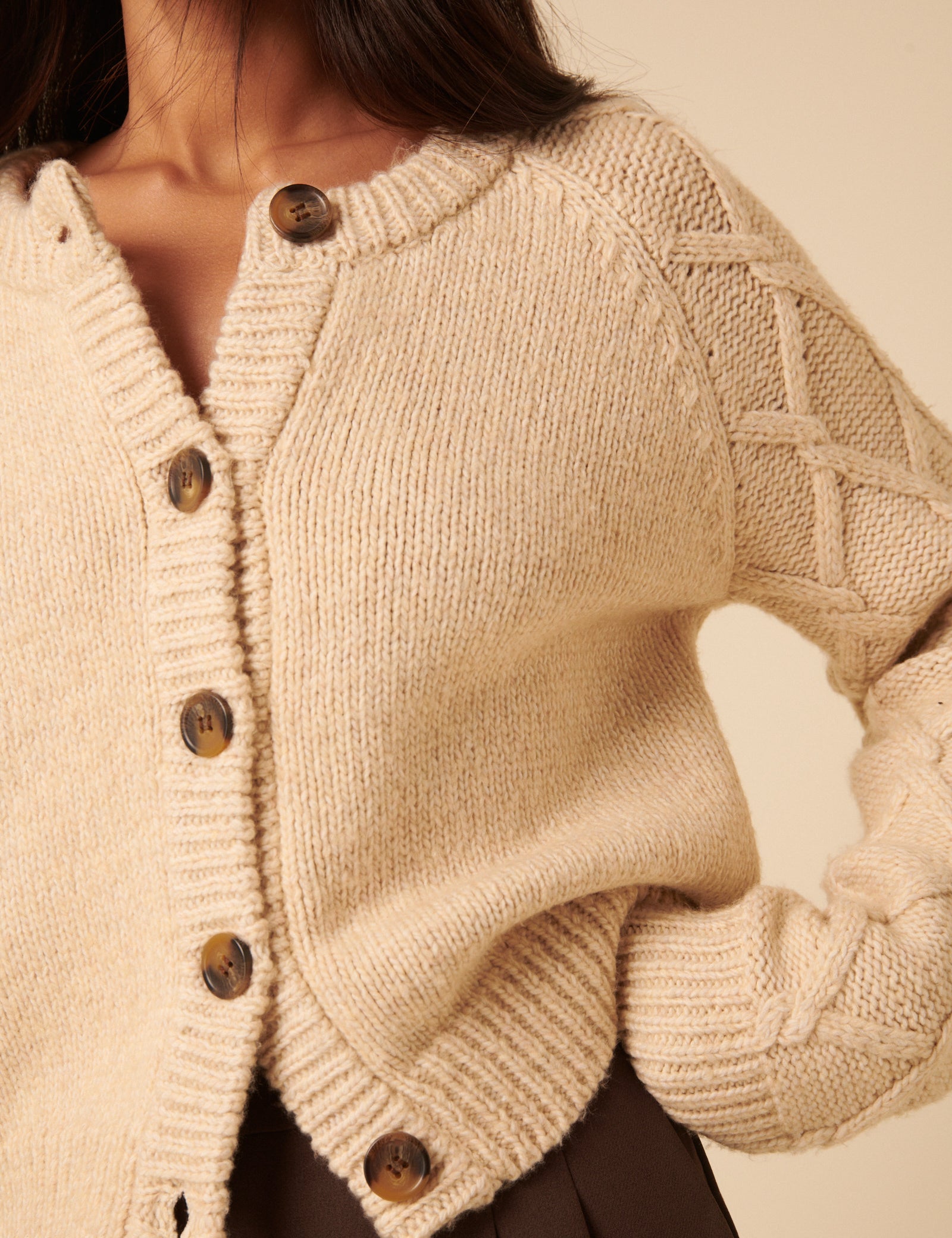 Beige Crew Neck Cable Detail Cardigan