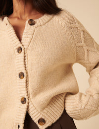 Beige Crew Neck Cable Detail Cardigan