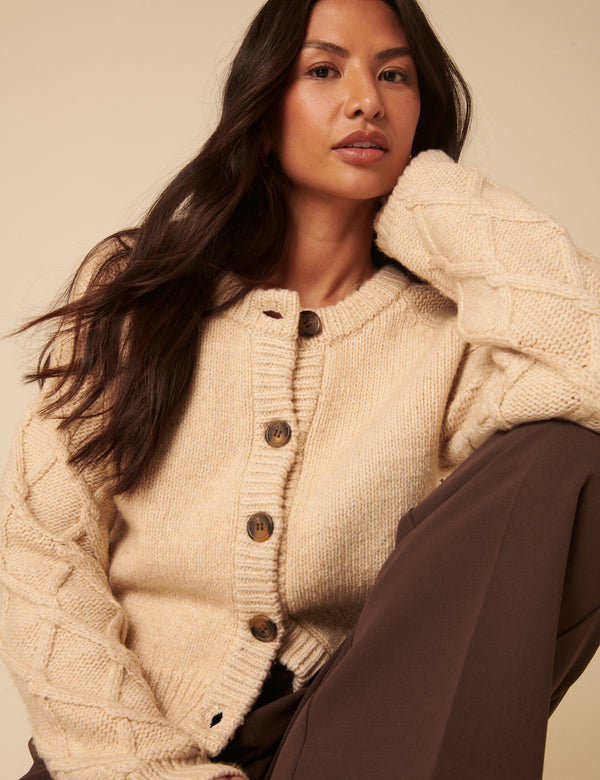 Beige Crew Neck Cable Detail Cardigan