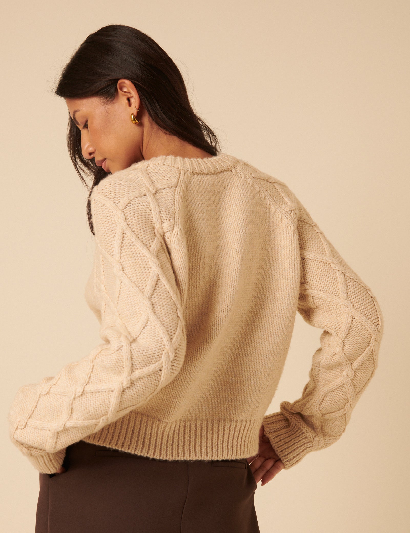 Beige Crew Neck Cable Detail Cardigan