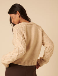 Beige Crew Neck Cable Detail Cardigan