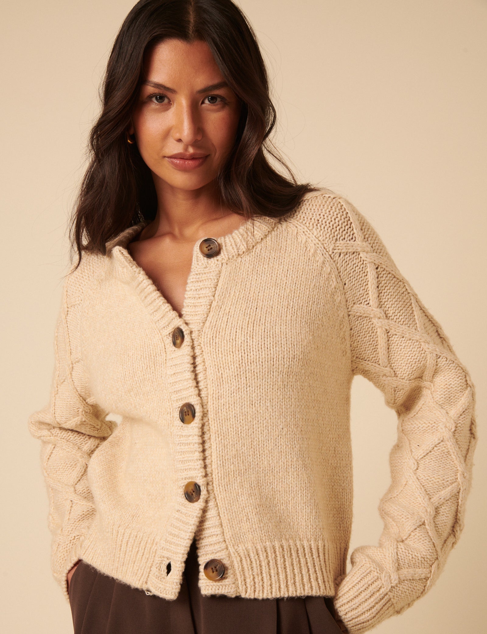 Beige Crew Neck Cable Detail Cardigan