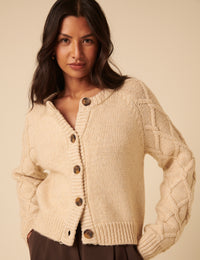 Beige Crew Neck Cable Detail Cardigan