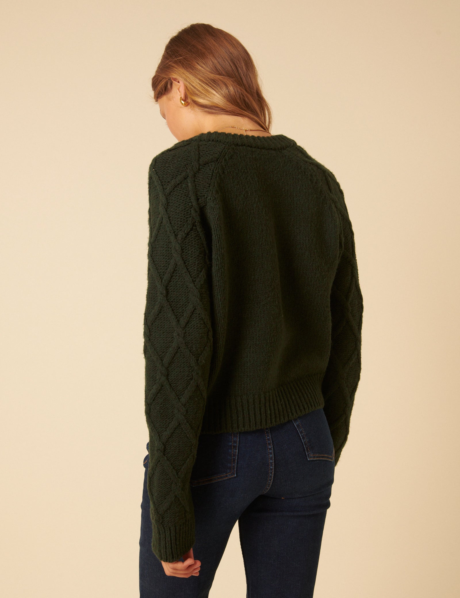 Khaki Cable Knit Crew Neck Cardigan