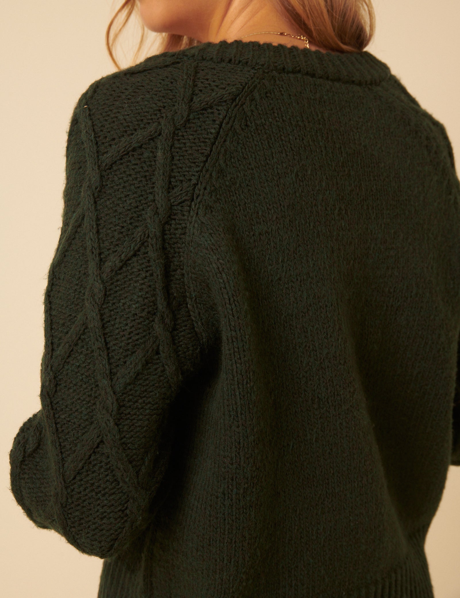 Khaki Cable Knit Crew Neck Cardigan