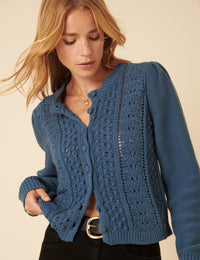 Blue Pointelle Knitted Cardigan