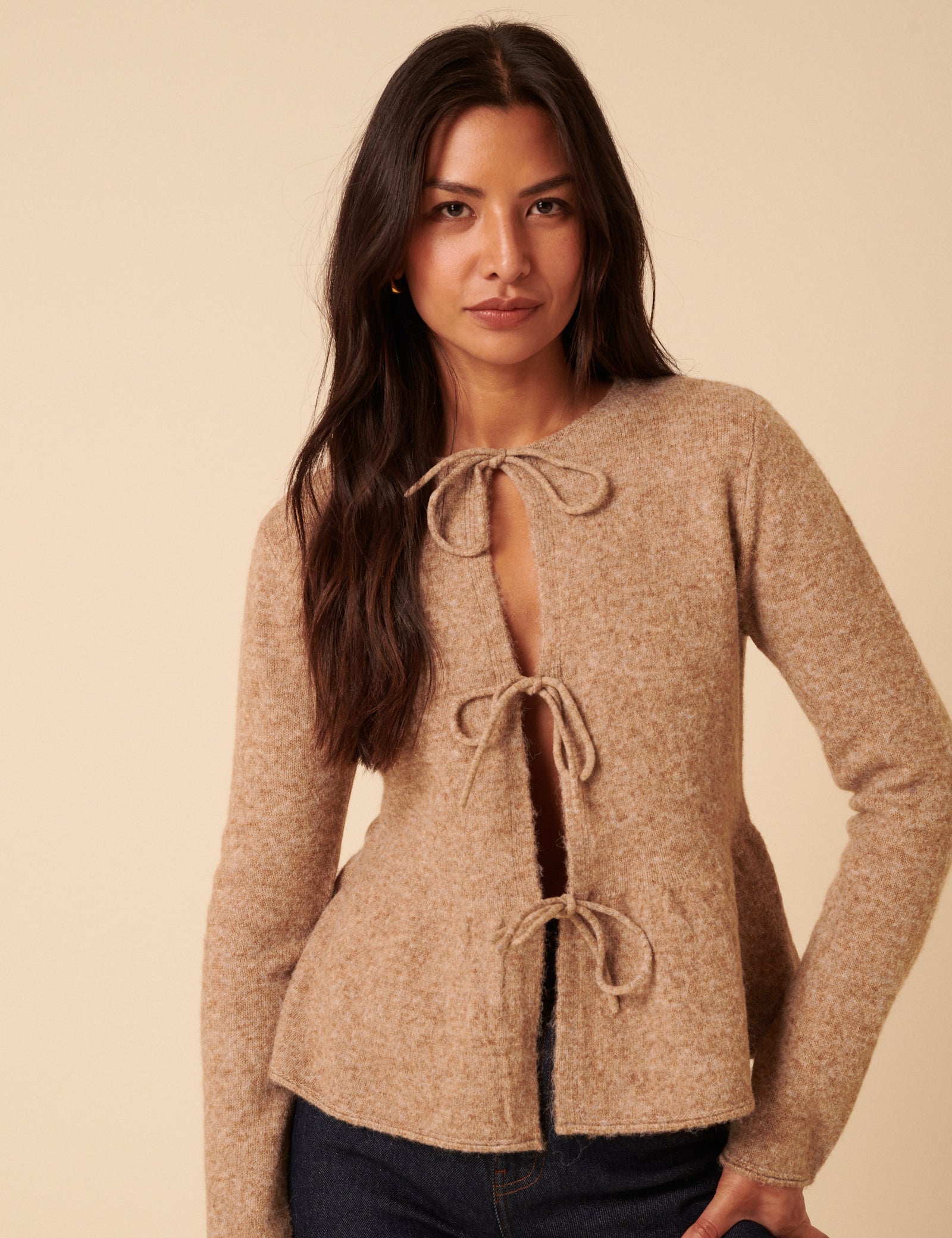 Light Brown Tie Front Peplum Cardigan