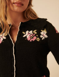 Black Floral Jacquard Collared Cardigan
