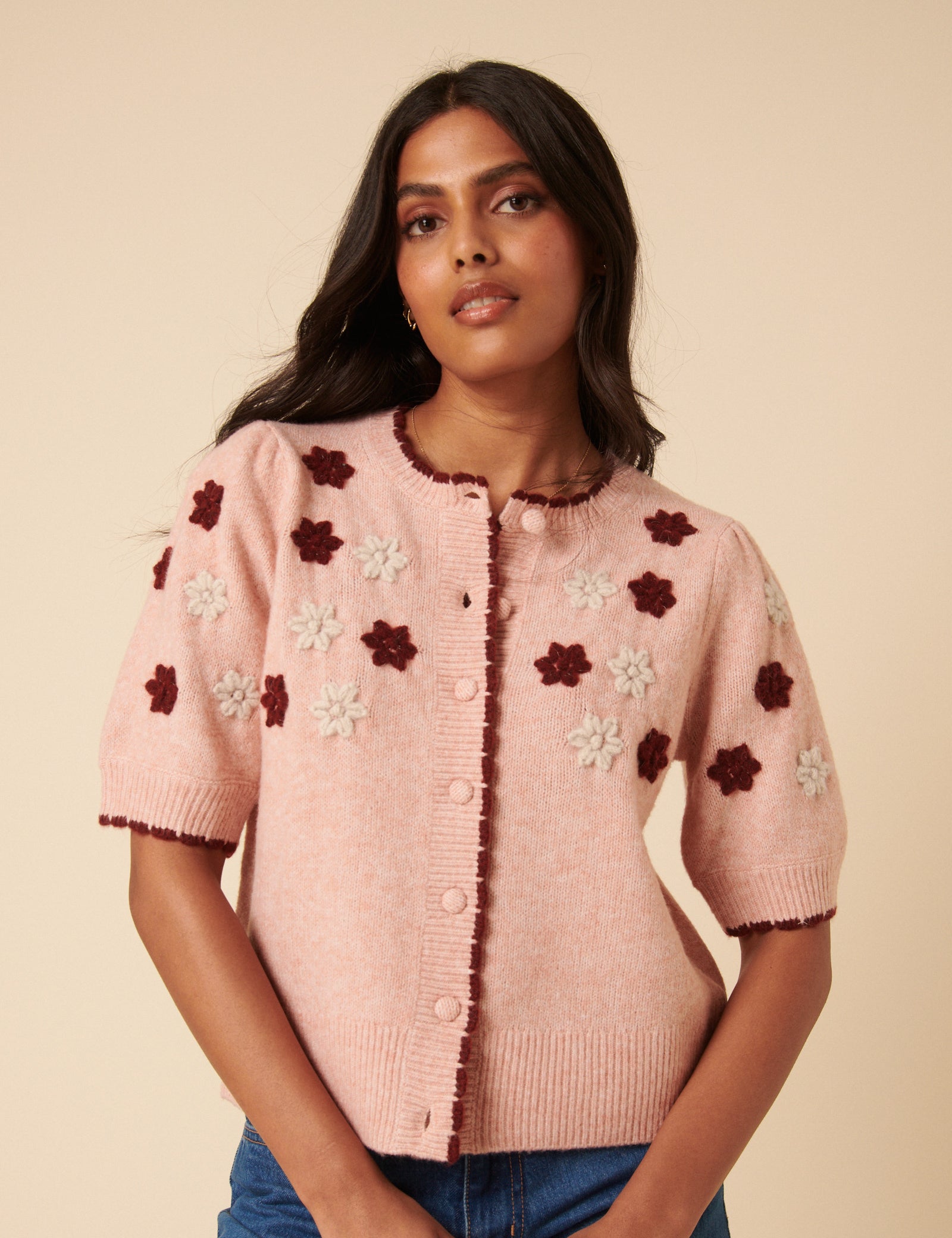 Pink Floral Yoke Embroidered Short Sleeve Cardigan