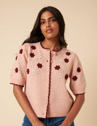Pink Floral Yoke Embroidered Short Sleeve Cardigan
