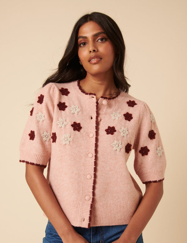 Pink Floral Yoke Embroidered Short Sleeve Cardigan