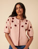 Pink Floral Yoke Embroidered Short Sleeve Cardigan