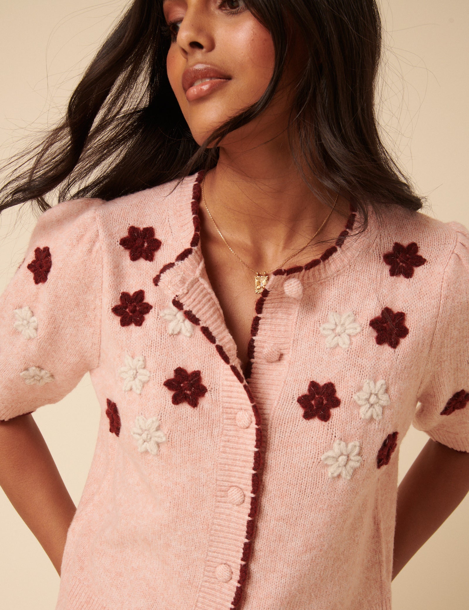 Pink Floral Yoke Embroidered Short Sleeve Cardigan