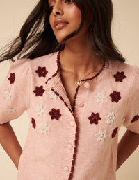 Pink Floral Yoke Embroidered Short Sleeve Cardigan