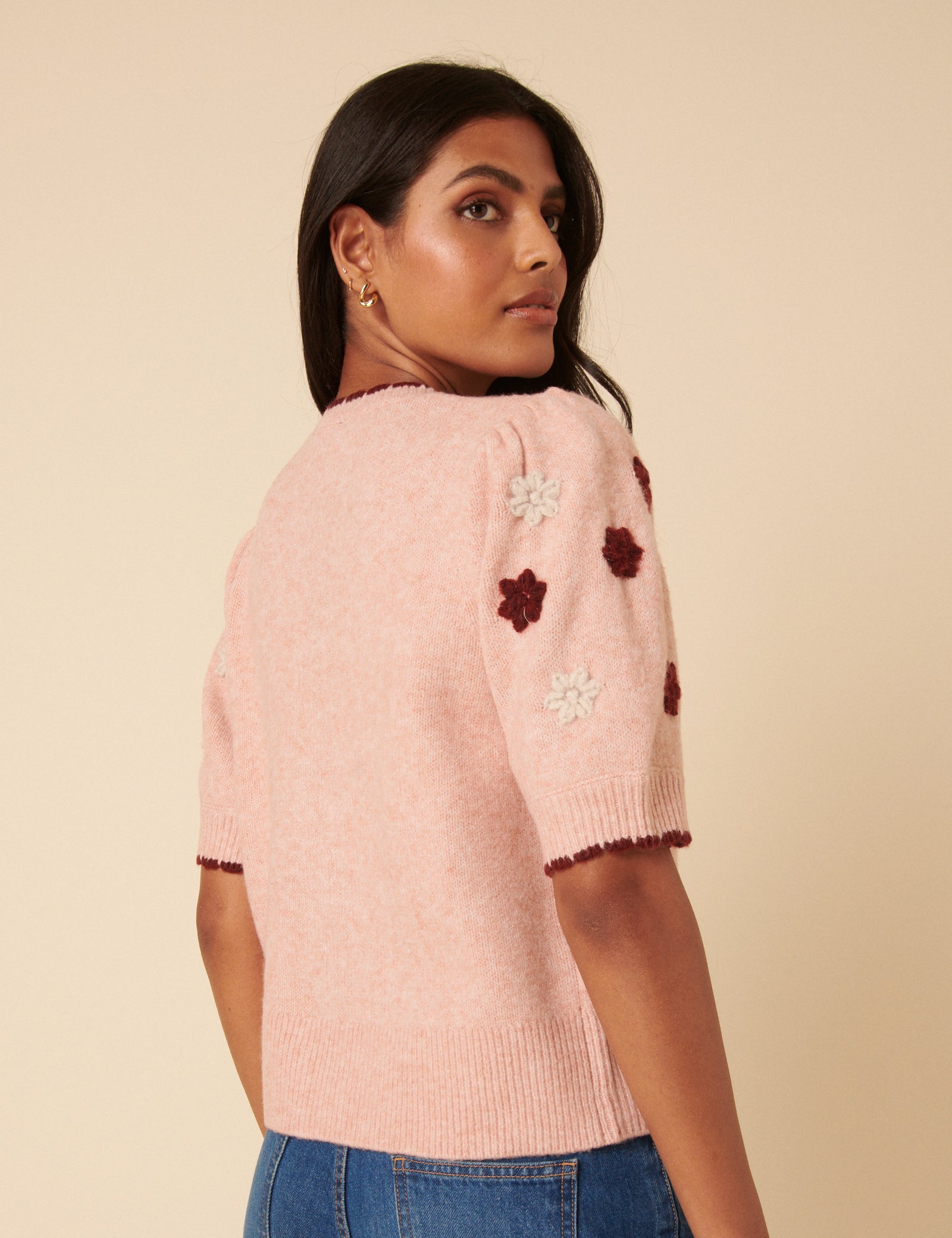 Pink Floral Yoke Embroidered Short Sleeve Cardigan
