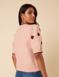 Pink Floral Yoke Embroidered Short Sleeve Cardigan