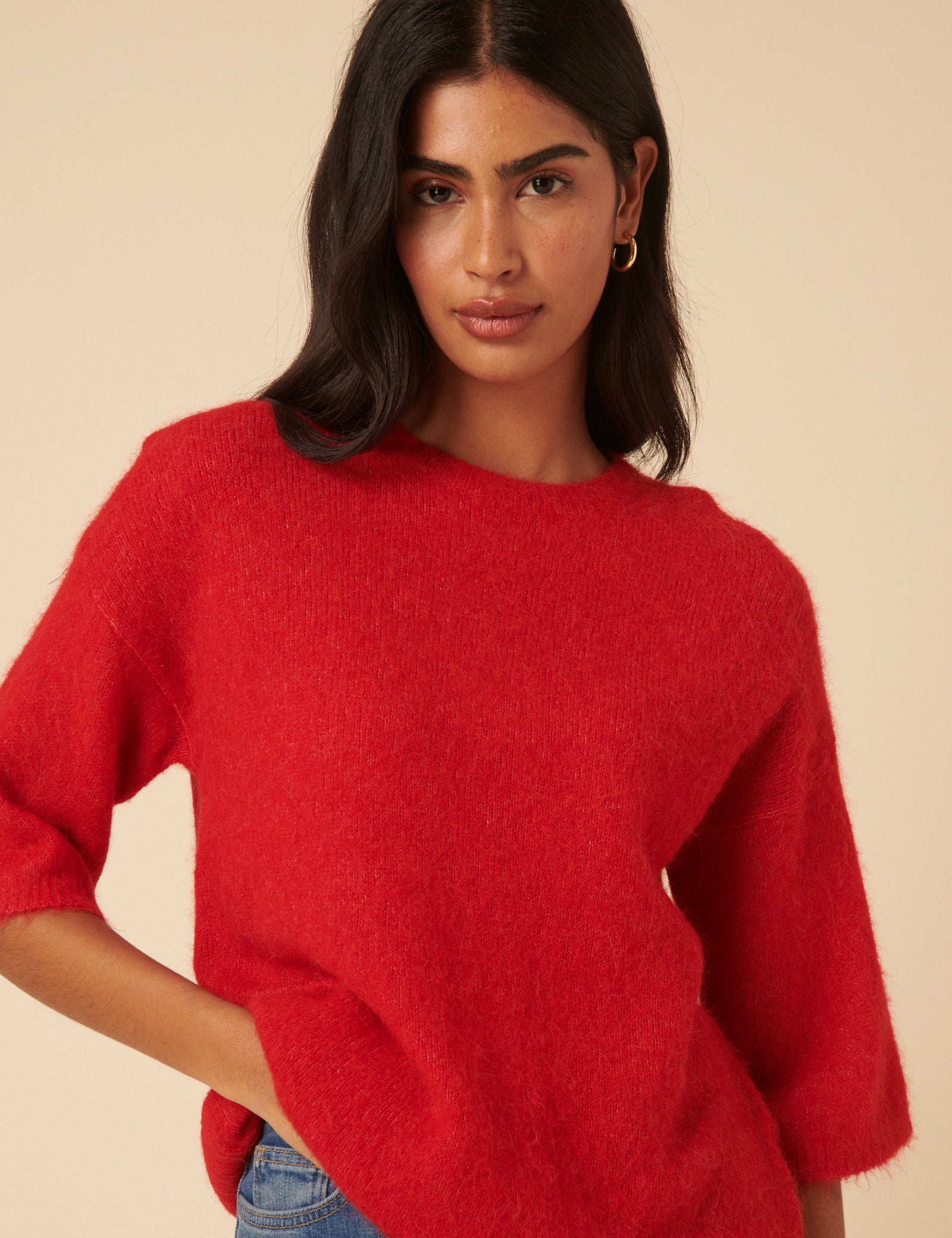 Red Fluffy Alpaca and Wool Blend Oversized Short Sleeve Jumper