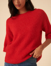 Red Fluffy Alpaca and Wool Blend Oversized Short Sleeve Jumper
