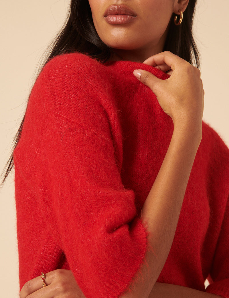 Red Fluffy Alpaca and Wool Blend Oversized Short Sleeve Jumper