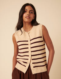 Beige Striped Button Through Knitted Vest