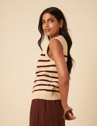 Beige Striped Button Through Knitted Vest