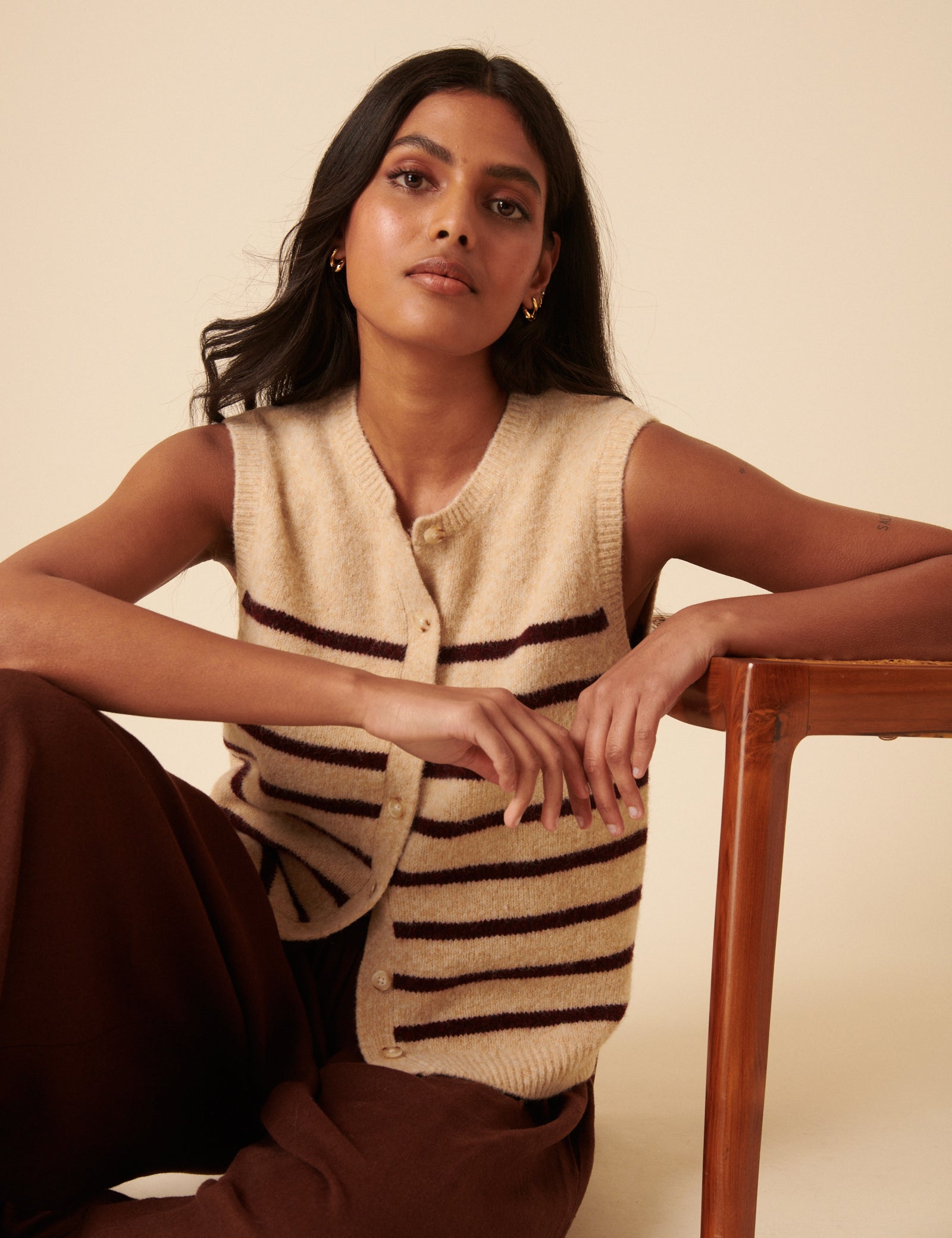 Beige Striped Button Through Knitted Vest