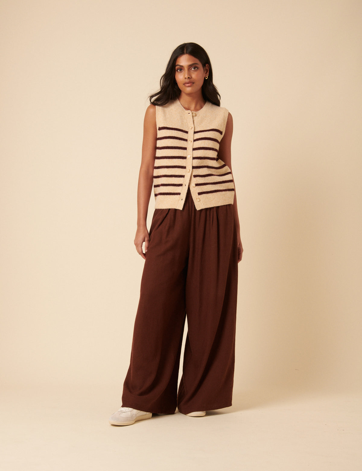 Beige Striped Button Through Knitted Vest