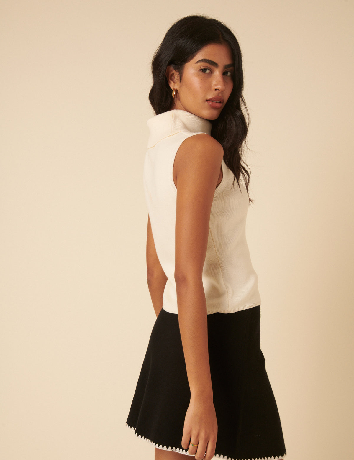 White Ribbed Knitted Roll Neck Vest Top