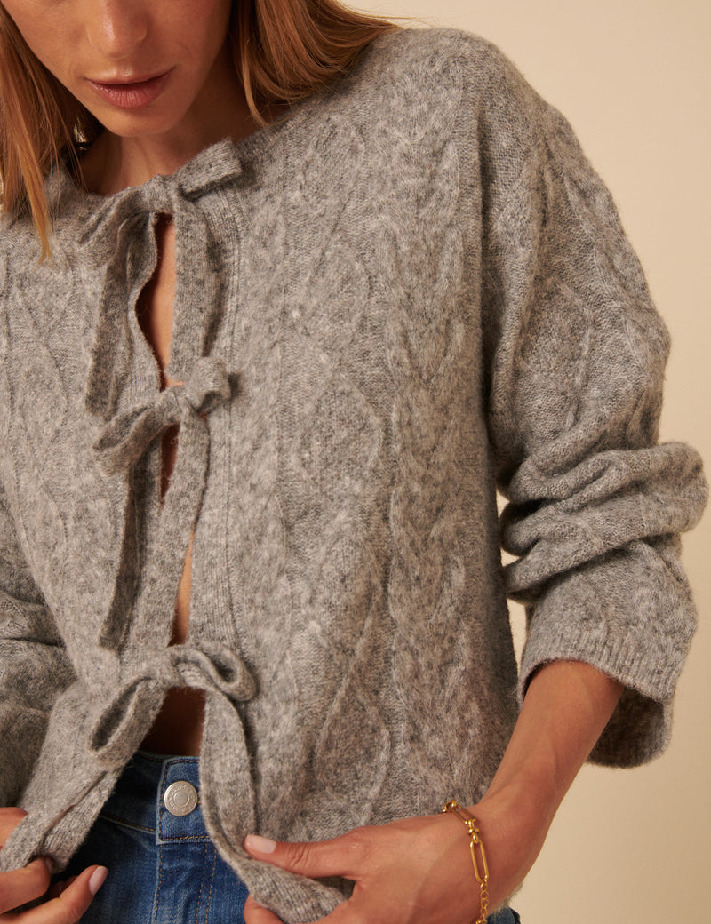 Grey Tie Front Cable Knitted Cardigan