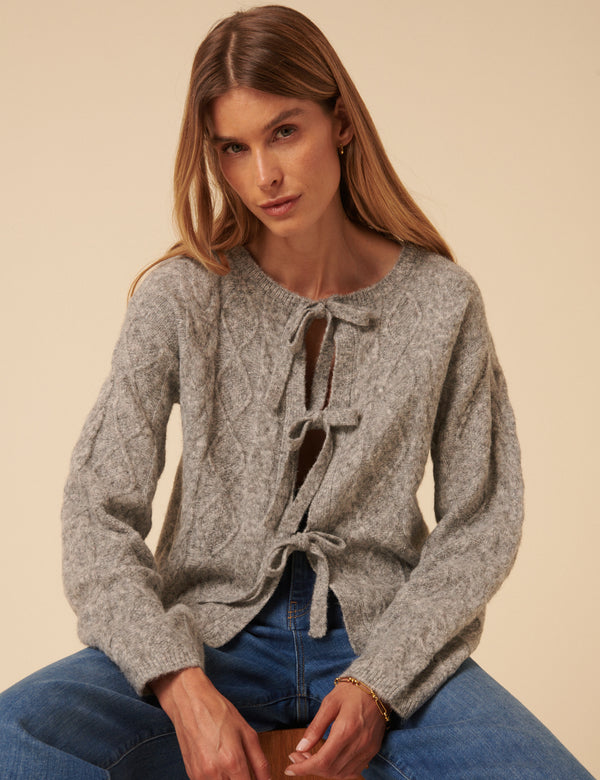 Grey Tie Front Cable Knitted Cardigan