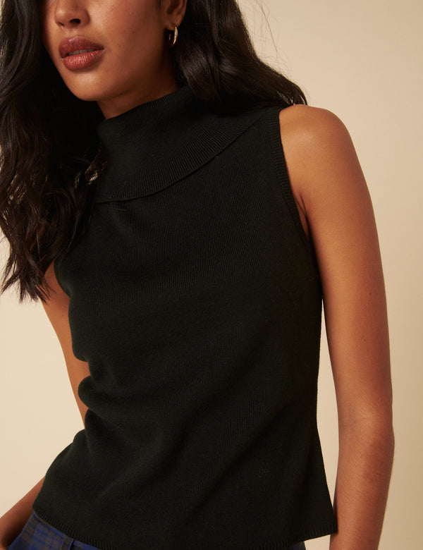 Black Ribbed Knitted Roll Neck Vest Top