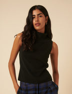 Black Ribbed Knitted Roll Neck Vest Top