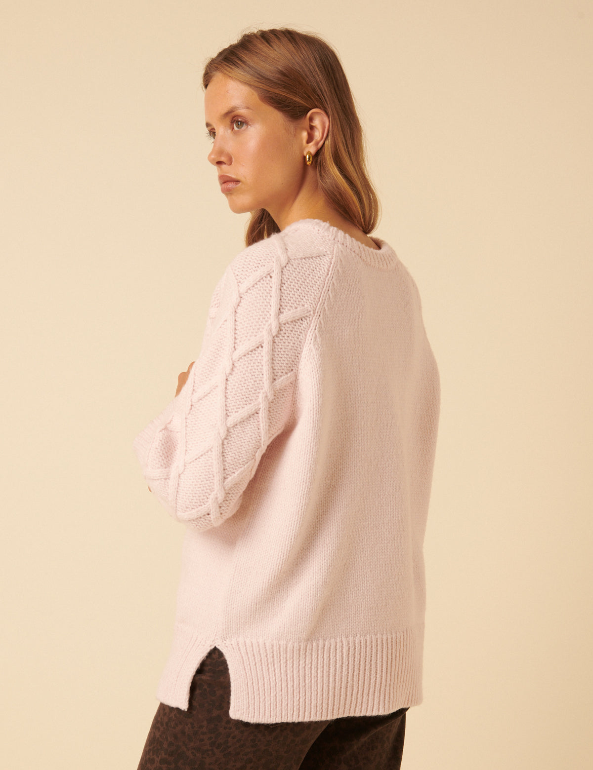 Light Pink Cable Knit Crew Neck Jumper