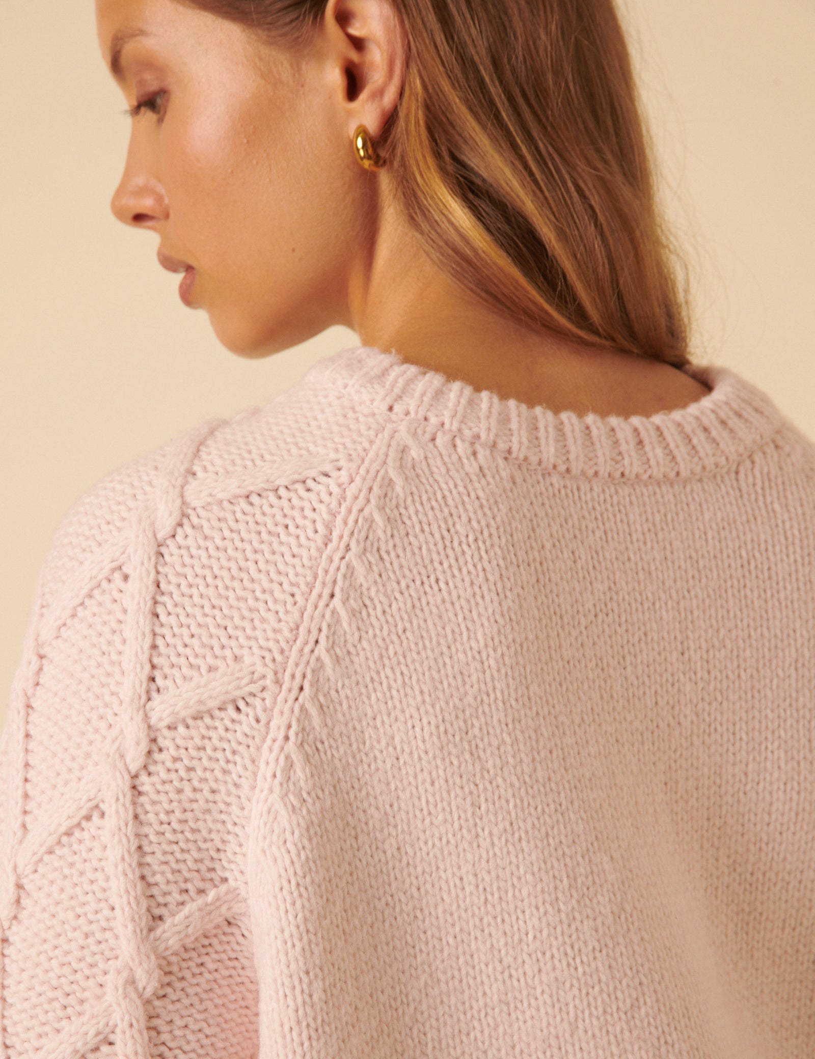 Light Pink Cable Knit Crew Neck Jumper